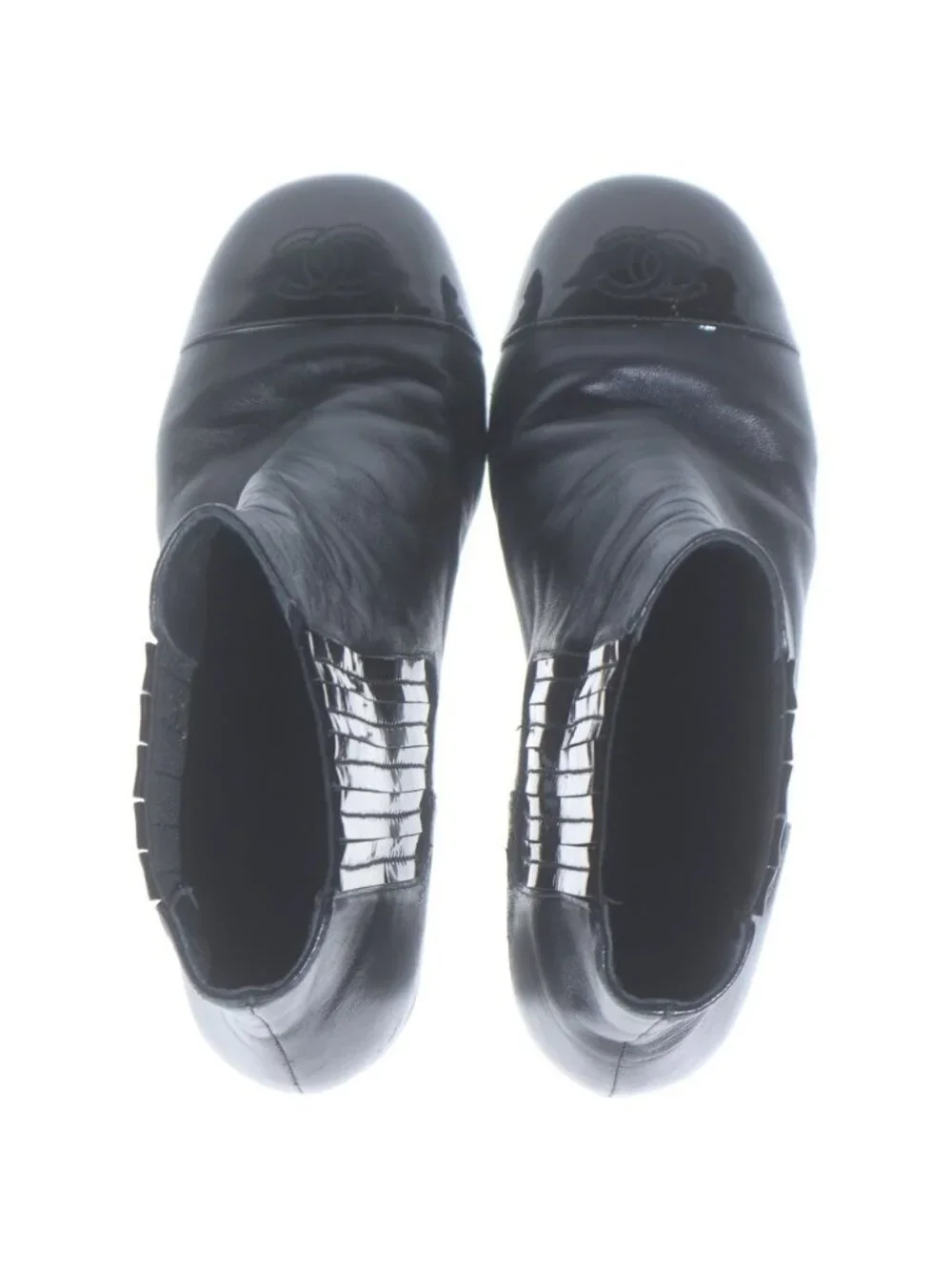 Chanel CC Logo Patent Leather Cap Toe Ankle Boots Black